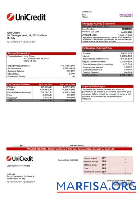 Printable Italy UniCredit mortgage statement Word and PDF template